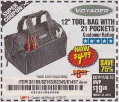 Harbor Freight Coupon VOYAGER 12" WIDE MOUTH TOOL BAG Lot No. 38168/62163/62349/61467 Expired: 11/28/19 - $4.99
