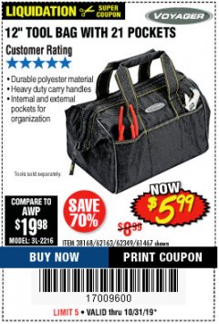 Harbor Freight Coupon VOYAGER 12" WIDE MOUTH TOOL BAG Lot No. 38168/62163/62349/61467 Expired: 10/31/19 - $5.99