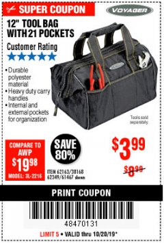 Harbor Freight Coupon VOYAGER 12" WIDE MOUTH TOOL BAG Lot No. 38168/62163/62349/61467 Expired: 10/20/19 - $3.99