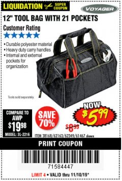 Harbor Freight Coupon VOYAGER 12" WIDE MOUTH TOOL BAG Lot No. 38168/62163/62349/61467 Expired: 11/10/19 - $5.99