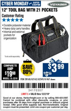 Harbor Freight Coupon VOYAGER 12" WIDE MOUTH TOOL BAG Lot No. 38168/62163/62349/61467 Expired: 12/2/19 - $3.99