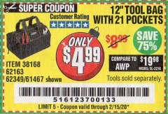 Harbor Freight Coupon VOYAGER 12" WIDE MOUTH TOOL BAG Lot No. 38168/62163/62349/61467 Expired: 2/15/20 - $4.99