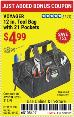 Harbor Freight Coupon VOYAGER 12" WIDE MOUTH TOOL BAG Lot No. 38168/62163/62349/61467 Expired: 9/30/20 - $4.99