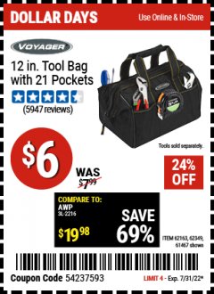 Harbor Freight Coupon VOYAGER 12" WIDE MOUTH TOOL BAG Lot No. 38168/62163/62349/61467 Expired: 7/31/22 - $0.06