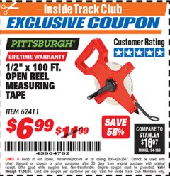 Harbor Freight ITC Coupon 1/2" X 100 FT. OPEN REEL MEASURING TAPE Lot No. 62411 Expired: 11/30/18 - $6.99