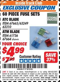 Harbor Freight ITC Coupon 60 PIECE FUSE SETS ATC BLADE ATM BLADE Lot No. 67665 63249 63310 61736 67664 Expired: 11/30/18 - $4.99