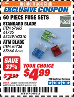 Harbor Freight ITC Coupon 60 PIECE FUSE SETS ATC BLADE ATM BLADE Lot No. 67665 63249 63310 61736 67664 Expired: 11/30/19 - $4.99