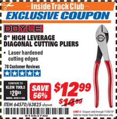 Harbor Freight ITC Coupon 8" HIGH LEVERAGE DIAGONAL CUTTING PLIERS Lot No. 63825/64570 Expired: 11/30/19 - $12.99