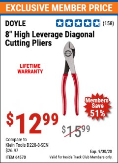 Harbor Freight ITC Coupon 8" HIGH LEVERAGE DIAGONAL CUTTING PLIERS Lot No. 63825/64570 Expired: 9/30/20 - $12.99