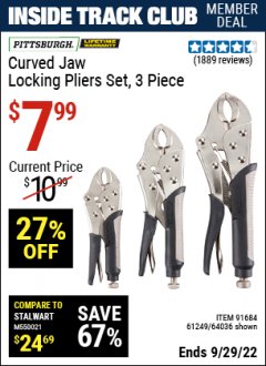 Harbor Freight ITC Coupon 3 PIECE CURVED JAW LOCKING PLIERS SET Lot No. 91684/69341/61249/64035/64036 Dates Valid: 12/31/69 - 9/29/22 - $7.99