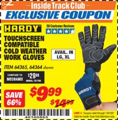 Harbor Freight ITC Coupon HARDY COLD WEATHER WORK GLOVES LARGE Lot No. 64365/64364 Expired: 1/31/20 - $9.99
