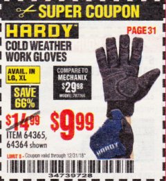 Harbor Freight Coupon HARDY COLD WEATHER WORK GLOVES LARGE Lot No. 64365/64364 Expired: 12/31/18 - $9.99