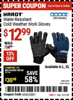 Harbor Freight Coupon HARDY COLD WEATHER WORK GLOVES LARGE Lot No. 64365/64364 Expired: 1/21/24 - $12.99