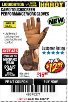 Harbor Freight Coupon HARDY CAMO TOUCHSCREEN PERFORMANCE WORK GLOVES Lot No. 64415/64414 Expired: 4/30/19 - $12.99