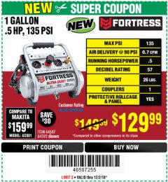 Harbor Freight Coupon FORTRESS 1 GALLON, .5HP, 135 PSI OIL FREE PORTABLE AIR COMPRESSOR Lot No. 64592/64687 Expired: 12/2/18 - $129.99