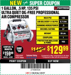 Harbor Freight Coupon FORTRESS 1 GALLON, .5HP, 135 PSI OIL FREE PORTABLE AIR COMPRESSOR Lot No. 64592/64687 Expired: 1/20/19 - $129.99