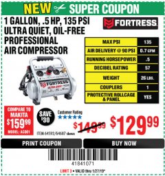 Harbor Freight Coupon FORTRESS 1 GALLON, .5HP, 135 PSI OIL FREE PORTABLE AIR COMPRESSOR Lot No. 64592/64687 Expired: 1/27/19 - $129.99
