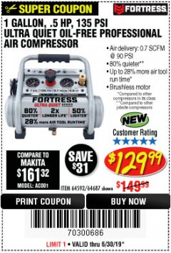 Harbor Freight Coupon FORTRESS 1 GALLON, .5HP, 135 PSI OIL FREE PORTABLE AIR COMPRESSOR Lot No. 64592/64687 Expired: 6/30/19 - $129.99