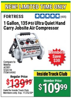 Harbor Freight Coupon FORTRESS 1 GALLON, .5HP, 135 PSI OIL FREE PORTABLE AIR COMPRESSOR Lot No. 64592/64687 Expired: 11/25/20 - $109.99