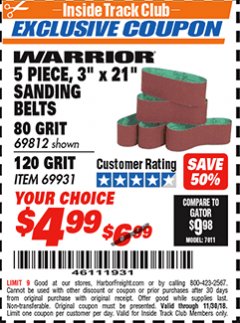 Harbor Freight ITC Coupon WARRIOR 3 PIECE, 3" X 21" SANDING BELTS Lot No. 69812, 69931 Expired: 11/30/18 - $4.99