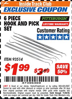 Harbor Freight ITC Coupon 6 PIECE HOOK AND PICK SET Lot No. 93514 Expired: 11/30/18 - $1.99