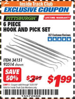 Harbor Freight ITC Coupon 6 PIECE HOOK AND PICK SET Lot No. 93514 Expired: 12/31/19 - $1.99