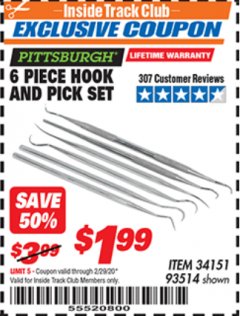 Harbor Freight ITC Coupon 6 PIECE HOOK AND PICK SET Lot No. 93514 Expired: 2/29/20 - $1.99