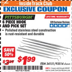 Harbor Freight ITC Coupon 6 PIECE HOOK AND PICK SET Lot No. 93514 Expired: 4/30/20 - $1.99
