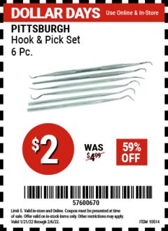 Harbor Freight Coupon 6 PIECE HOOK AND PICK SET Lot No. 93514 Expired: 2/6/22 - $2