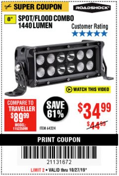 Harbor Freight Coupon ROADSHOCK 1440 LUMENS 8 IN. COMBO LIGHT BAR Lot No. 64324 Expired: 10/27/19 - $39.99