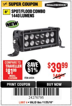 Harbor Freight Coupon ROADSHOCK 1440 LUMENS 8 IN. COMBO LIGHT BAR Lot No. 64324 Expired: 11/25/18 - $39.99