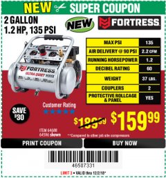 Harbor Freight Coupon FORTRESS 2 GALLON, 1.2 HP, 135 PSI ULTRA-QUIET, OIL-FREE PROFESSIONAL AIR COMPRESSOR Lot No. 64688/64596 Expired: 12/2/18 - $159.99