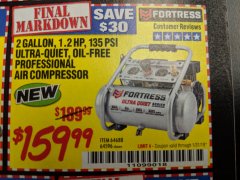 Harbor Freight Coupon FORTRESS 2 GALLON, 1.2 HP, 135 PSI ULTRA-QUIET, OIL-FREE PROFESSIONAL AIR COMPRESSOR Lot No. 64688/64596 Expired: 1/31/19 - $159.99
