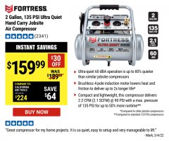 Harbor Freight Coupon FORTRESS 2 GALLON, 1.2 HP, 135 PSI ULTRA-QUIET, OIL-FREE PROFESSIONAL AIR COMPRESSOR Lot No. 64688/64596 Expired: 3/24/22 - $159.99