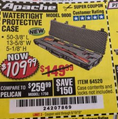 Harbor Freight Coupon APACHE 9800 WEATHERPROOF 13-1/2" X 50-1/2" CASE - LONG Lot No. 64520 Expired: 6/19/19 - $109.99