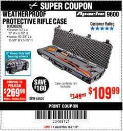 Harbor Freight Coupon APACHE 9800 WEATHERPROOF 13-1/2" X 50-1/2" CASE - LONG Lot No. 64520 Expired: 10/27/19 - $109.99