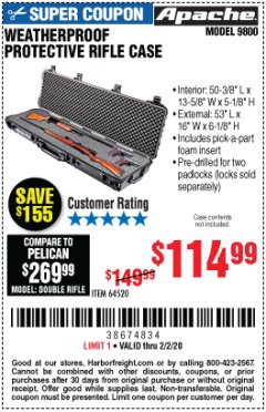 Harbor Freight Coupon APACHE 9800 WEATHERPROOF 13-1/2" X 50-1/2" CASE - LONG Lot No. 64520 Expired: 2/2/20 - $114.99