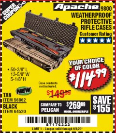 Harbor Freight Coupon APACHE 9800 WEATHERPROOF 13-1/2" X 50-1/2" CASE - LONG Lot No. 64520 Expired: 6/30/20 - $114.99