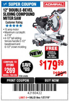 Harbor Freight Coupon ADMIRAL 12" DUAL-BEVEL SLIDING COMPOUND MITER SAW Lot No. 64686 Expired: 1/27/19 - $179.99