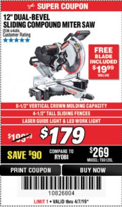 Harbor Freight Coupon ADMIRAL 12" DUAL-BEVEL SLIDING COMPOUND MITER SAW Lot No. 64686 Expired: 5/31/19 - $179.99