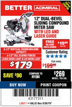 Harbor Freight Coupon ADMIRAL 12" DUAL-BEVEL SLIDING COMPOUND MITER SAW Lot No. 64686 Expired: 9/30/19 - $179
