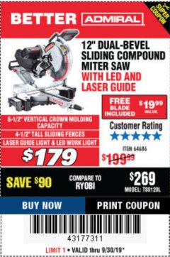 Harbor Freight Coupon ADMIRAL 12" DUAL-BEVEL SLIDING COMPOUND MITER SAW Lot No. 64686 Expired: 9/30/19 - $179