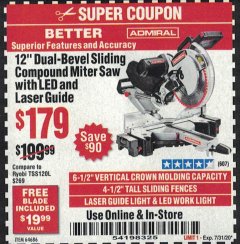 Harbor Freight Coupon ADMIRAL 12" DUAL-BEVEL SLIDING COMPOUND MITER SAW Lot No. 64686 Expired: 7/31/20 - $179