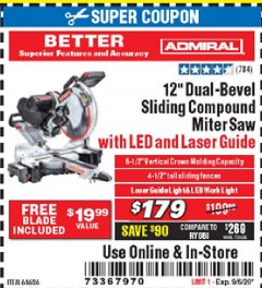 Harbor Freight Coupon ADMIRAL 12" DUAL-BEVEL SLIDING COMPOUND MITER SAW Lot No. 64686 Expired: 9/6/20 - $179