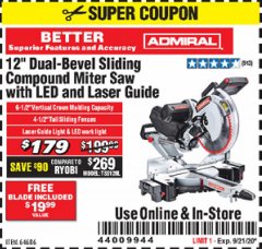 Harbor Freight Coupon ADMIRAL 12" DUAL-BEVEL SLIDING COMPOUND MITER SAW Lot No. 64686 Expired: 9/21/20 - $179