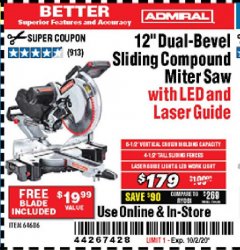 Harbor Freight Coupon ADMIRAL 12" DUAL-BEVEL SLIDING COMPOUND MITER SAW Lot No. 64686 Expired: 10/2/20 - $179