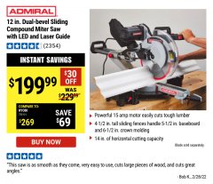 Harbor Freight Coupon ADMIRAL 12" DUAL-BEVEL SLIDING COMPOUND MITER SAW Lot No. 64686 Expired: 3/24/22 - $199.99
