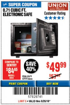 Harbor Freight Coupon 0.71 CU. FT. ELECTRONIC DIGITAL SAFE Lot No. 45891/61724/62679 Expired: 8/26/18 - $49.99