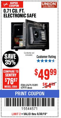 Harbor Freight Coupon 0.71 CU. FT. ELECTRONIC DIGITAL SAFE Lot No. 45891/61724/62679 Expired: 6/30/19 - $49.99