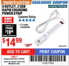 Harbor Freight ITC Coupon 6 OUTLET POWER STRIP WITH 2 USB PORTS Lot No. 64411 Expired: 2/25/20 - $14.99
